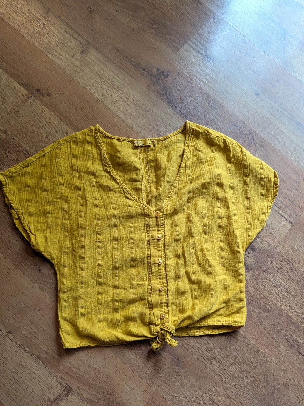 Prana Mustard Yellow Button-Front Tie-Hem Blouse
